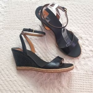 Tory Burch Marion Leather Quilted Black Wedge Sandals w/ Ankle Strap Size 10